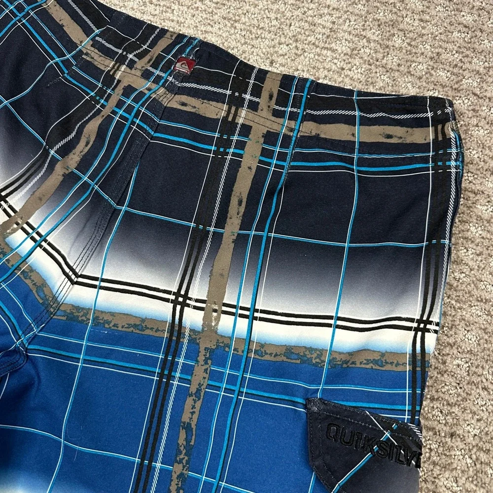 Quiksilver Cypher Series Board Shorts Mens 31 Blue Plaid 4-Way Stretch Q101349